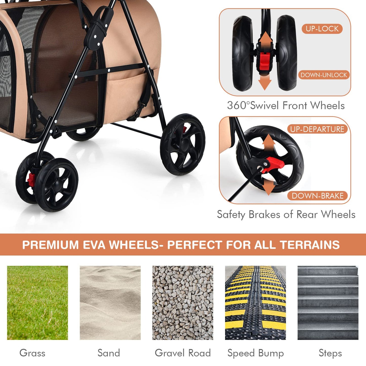 Giantex Double Pet Stroller with 2 Detachable Carrier Bags, Safety Belt, 4 Lockable Wheels, Folding Cat & Dog Stroller for Small Medium Pets, Cats Dogs Puppy Travel Strolling Cart (Beige)