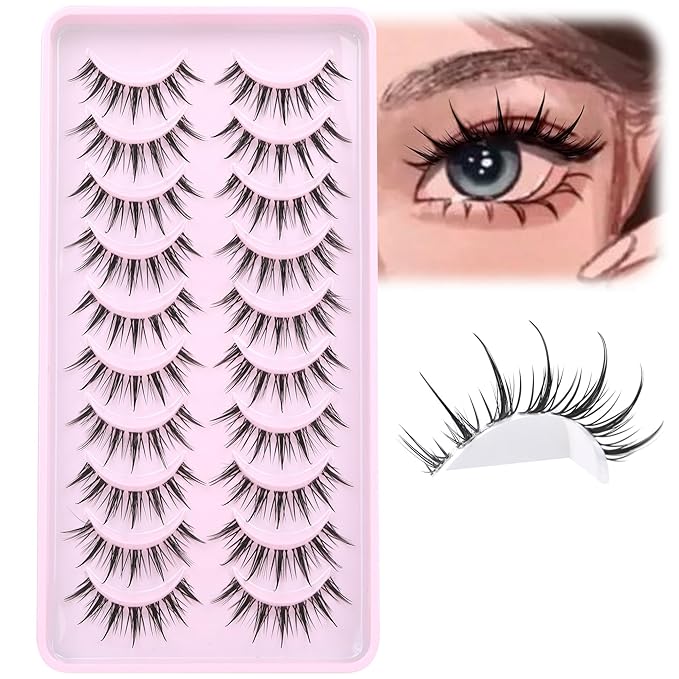Manga Lashes Wispy Natural Look False Eyelashes Spiky Eyelashes Anime Fake Eyelashes Strip 3D Doll Lashes False Eye Lashes with Invisible Lash Band 10 Pairs