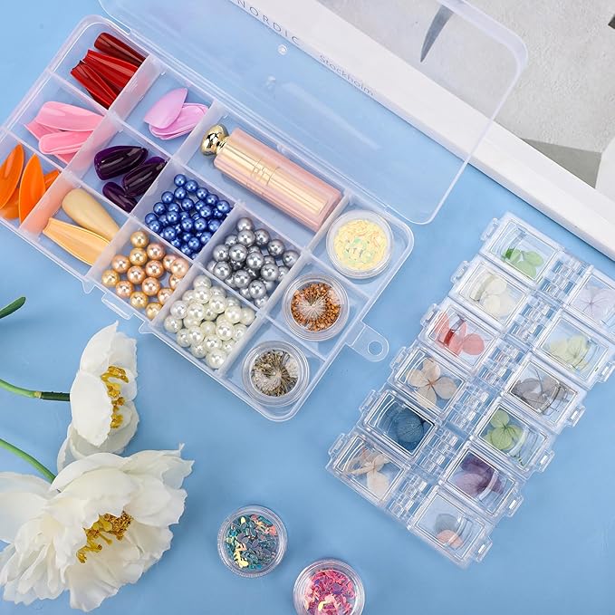 Rhinestone Organizer for Nails, 4PCS Cosics 15-Grid Clear Plastic Acrylic Nail Organizers & Storage Case with Movable Dividers, Empty Jewelry Nail Art Storage Containers Holder, Beading Box with Lids