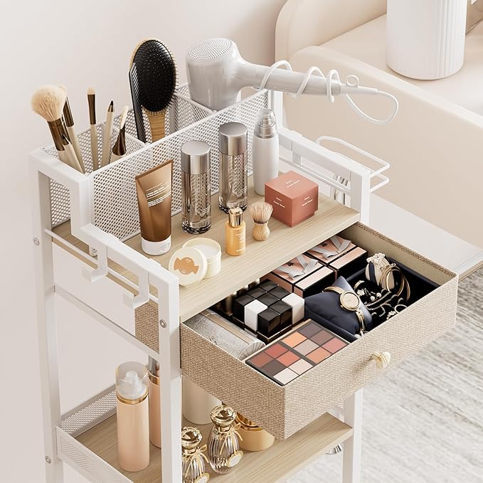 3 Tier Bathroom Shelf with Drawer, 12.8in Large Floor Makeup Organizers Cosmetics Display Cases Holder for Hair Tool, Skincare, Kitchen, Bathroom, Laundry Room Organization