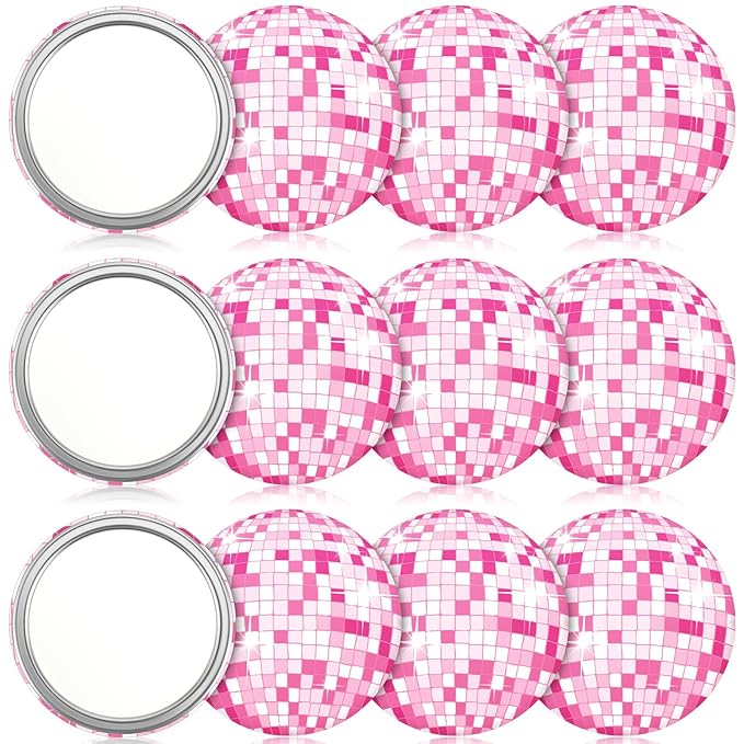 Qunclay 12 Pcs Disco Ball Compact Round Pocket Mirror - 2.76 Inch Vintage Mini Handheld Portable Mirror for Purse, Women Gift, Party Supply, Travel Daily (Pink)