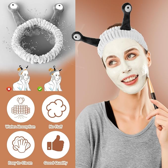 Face Wash Headband, Palm and Snail Spa Hair Bands Makeup Headbands Women Cartoon Cute Coral Fleece Elastic Headband Creative Hair Accessories for Washing Face Shower Sports (White&Black)