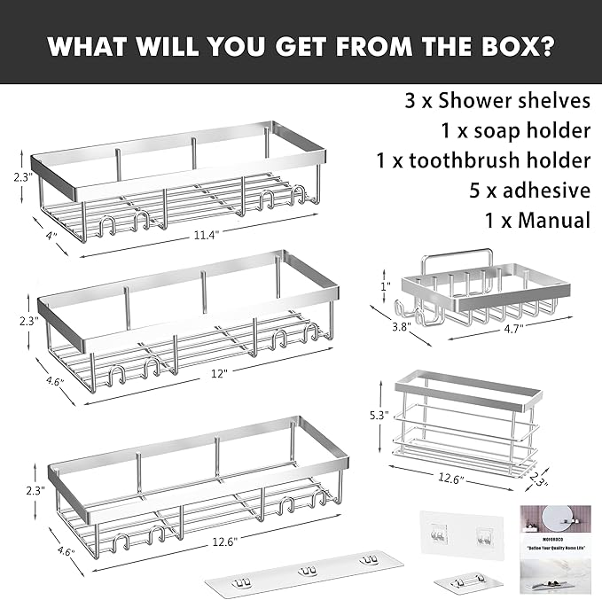 Moforoco Adhesive Shower Caddy Organizer Shelves Rack - 5 Pack Corner Bathroom Storage Organization, Home & Kitchen Decor Inside RV Accessories, Hanging First Apartment Household Camper Essentials
