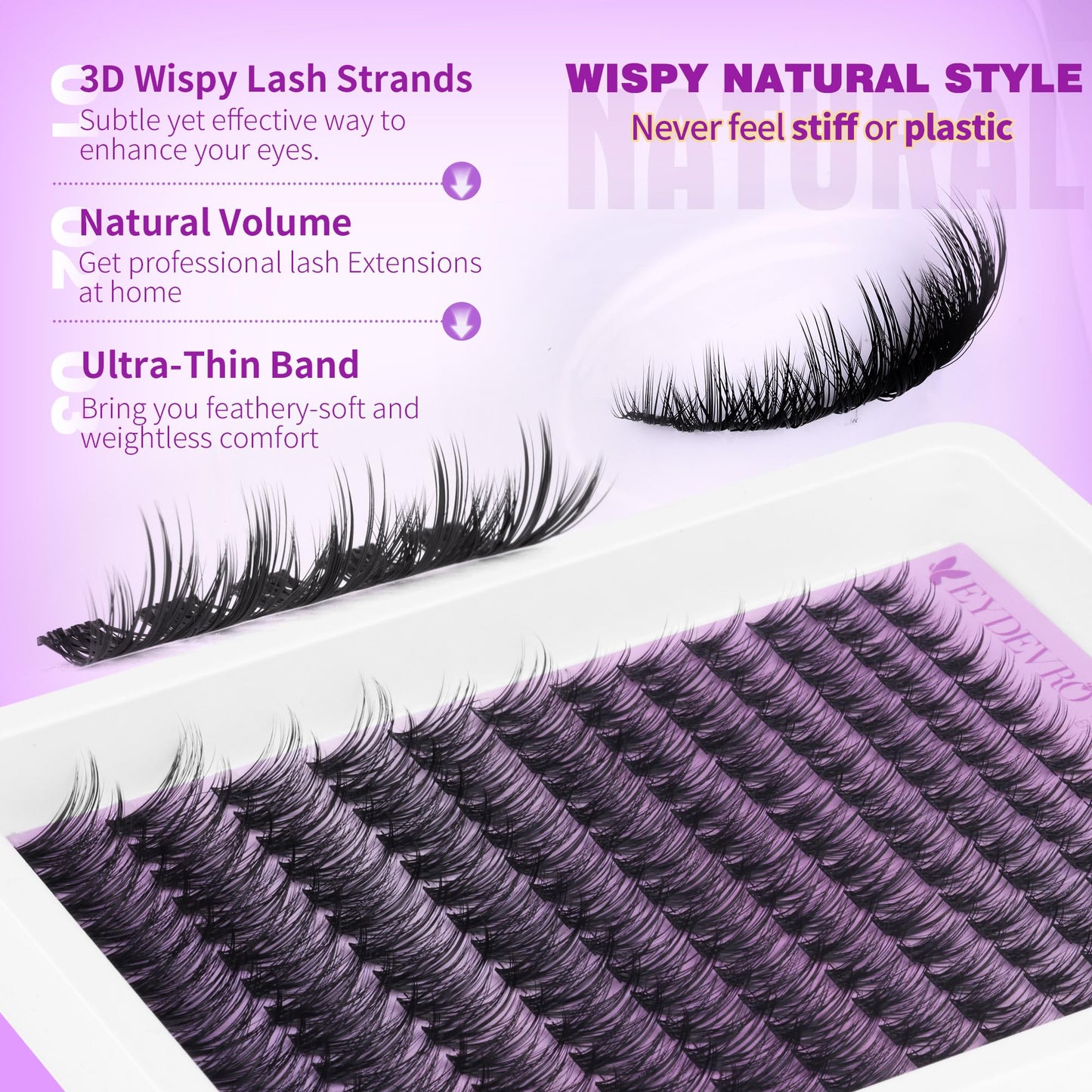 EYDEVRO Wispy Lash Clusters Kit Natura Eyelash Clusters Kit 9-18mm Cluster Eyelash Extensions CD Curvature 192 Pcs Manga Lash Extension Kit Individual Eyelash Extension Kit Lash Bond and Seal Tweezers