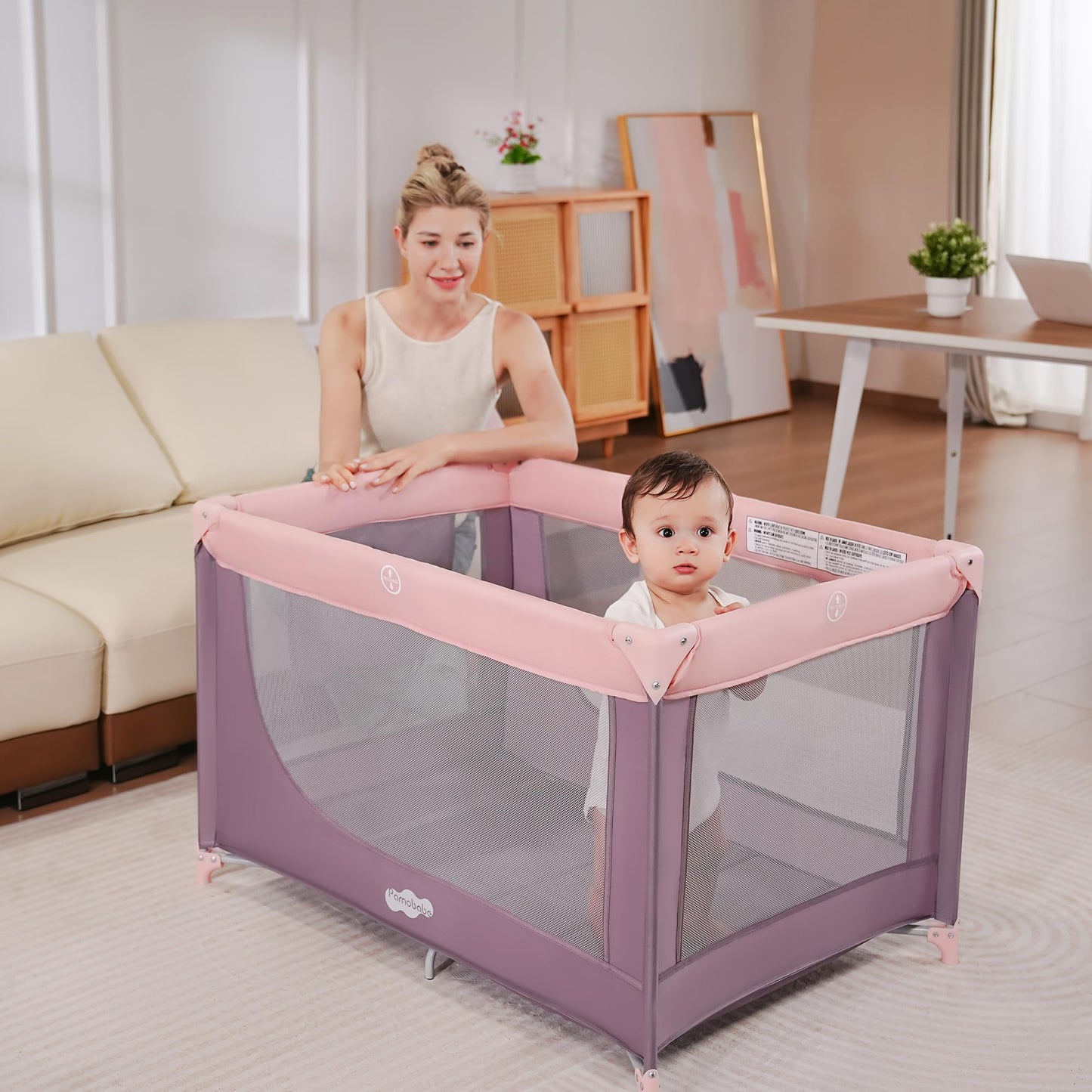Pamo Babe Compact Pack and Play - Portable Crib for Baby, Lightweight Foldable Travel Playard with Mattress Pad & Carry Bag, Safe Breathable Travel Bed for Home, Trips & Family Visits, Pink