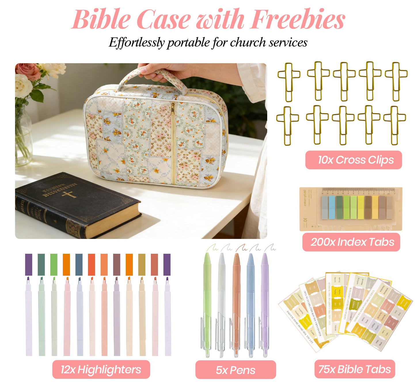Bible Cover Case for Women, Large Bible Bag with Bible Study Supplies Accessories Christian Gifts for Women, Portable with Sturdy Handle and Highlighters, Spliced Flower