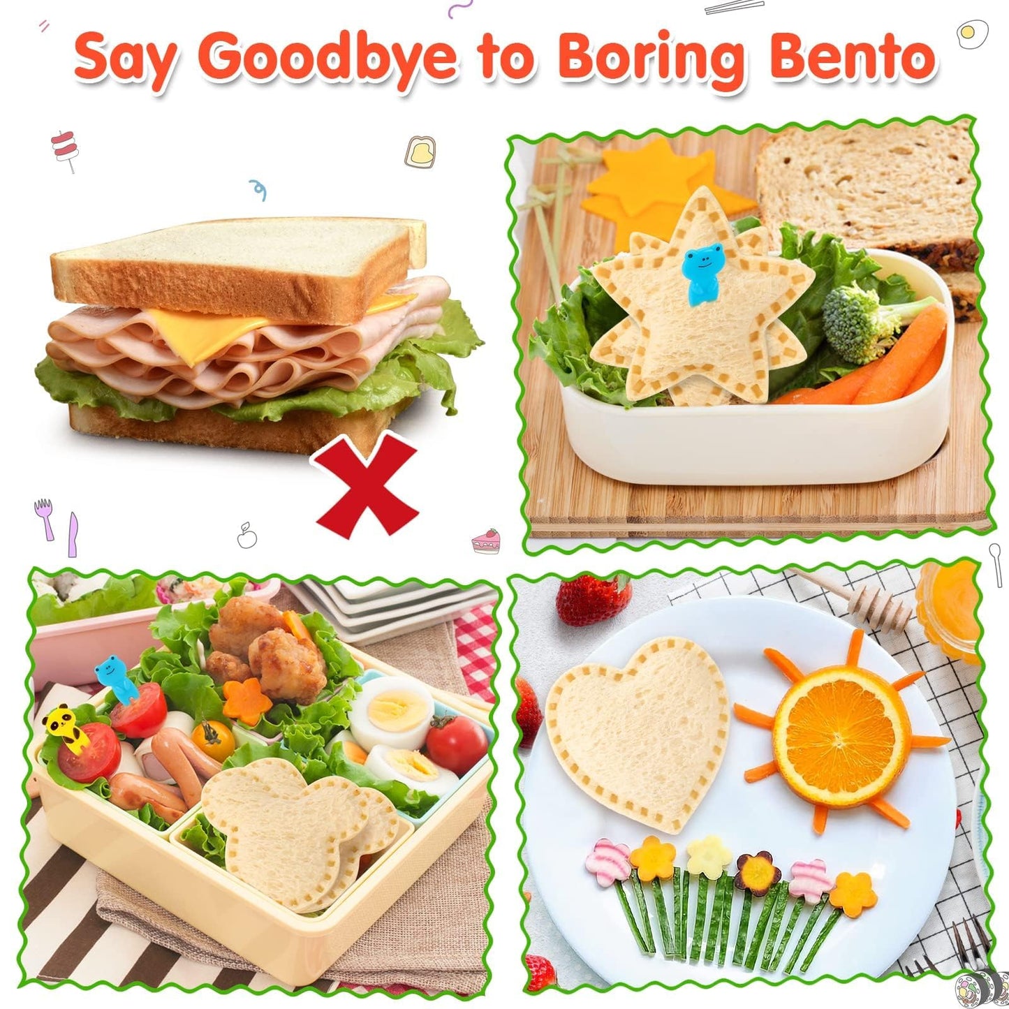 30Pcs Sandwich Cutter and Sealer for Kids Fruit Cutters Shapes Food Picks Crustless Sandwich Shape Cutters Decruster Sandwich Maker DIY Cookie Cutter Boys Girls School Bento Box