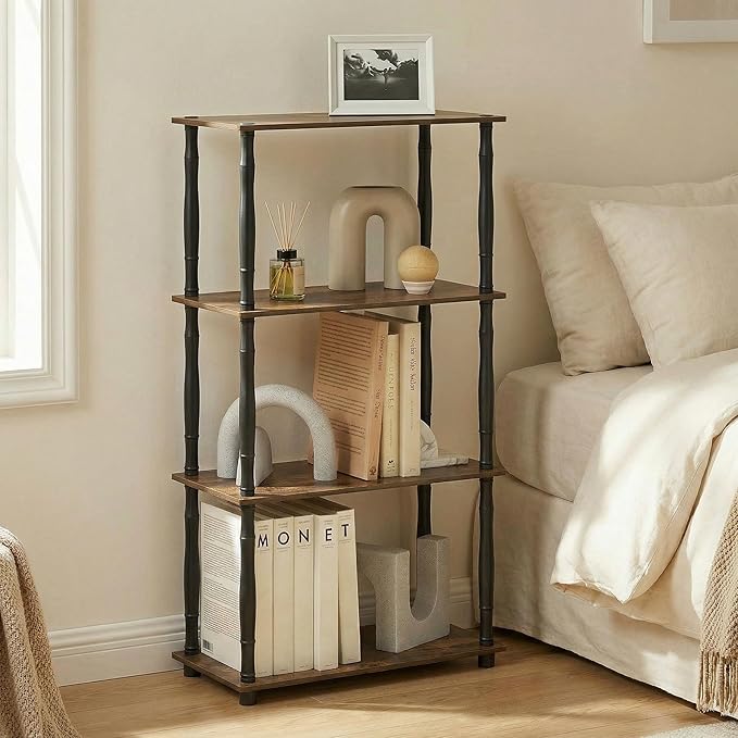 Furinno Turn-N-Tube Storage Shelves, 4-Tier Open Frame Book Shelf, Standing Corner Shelf, Toolless Open Shelves, Classic Tubes, for Organization and Storage, Living Room, Home Office, Amber Pine
