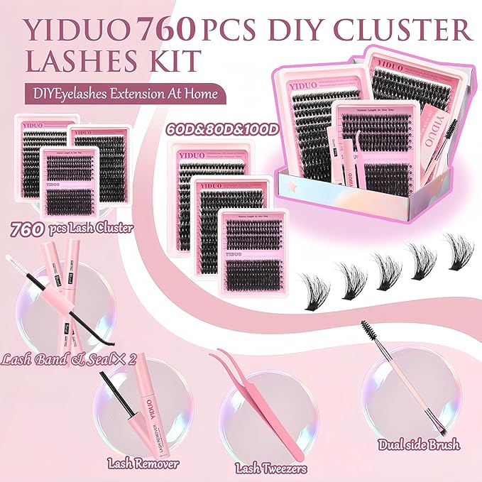 YIDUO Eyelash Extension Kit with 2X Bond&Seal 10-20mm 60D+80D+100D Volume 3D Lash Clusters Kit 3 Styles 760Pcs Wispy Natural Soft DIY Individual Lash Clusters Kit Box for Beginners