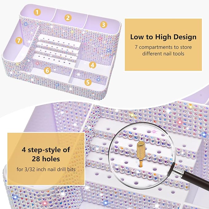 CGBE Nail Drill Holder, 28 Holes Drill Bit Holder for Nails, Professional Nail Tool Organizer, Nail Desk Organizer for Nail Tech, Nail Salon DIY Use - Bling dz-White (Not Including Nail Drill Set)