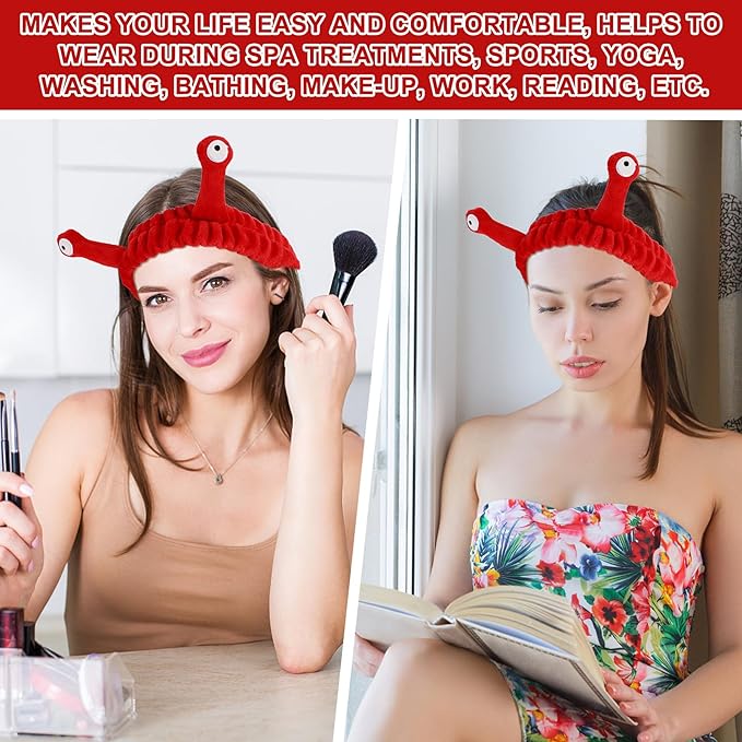 Face Wash Headband, Palm and Snail Spa Hair Bands Makeup Headbands Women Cartoon Cute Coral Fleece Elastic Headband Creative Hair Accessories for Washing Face Shower Sports (Red)