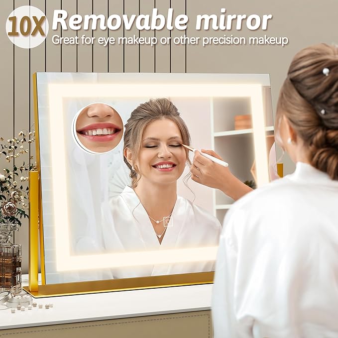 ROLOVE Vanity Mirror with Lights 22"x18", Lighted Makeup Mirror with 10X Magnification, Smart Touch 3 Colors Dimmable, 360° Rotation, Women Gift, Dresser Mount, Bathroom (Gold)