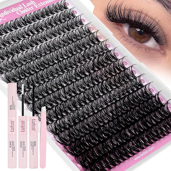 FADLASH Lash Clusters Kit Lash Extensions Individual Lashes D Curl 12-18mm Eyelash Clusters with Lash Bond and Seal Lash Tweezers Natural Lash Clusters Kit 280Pcs