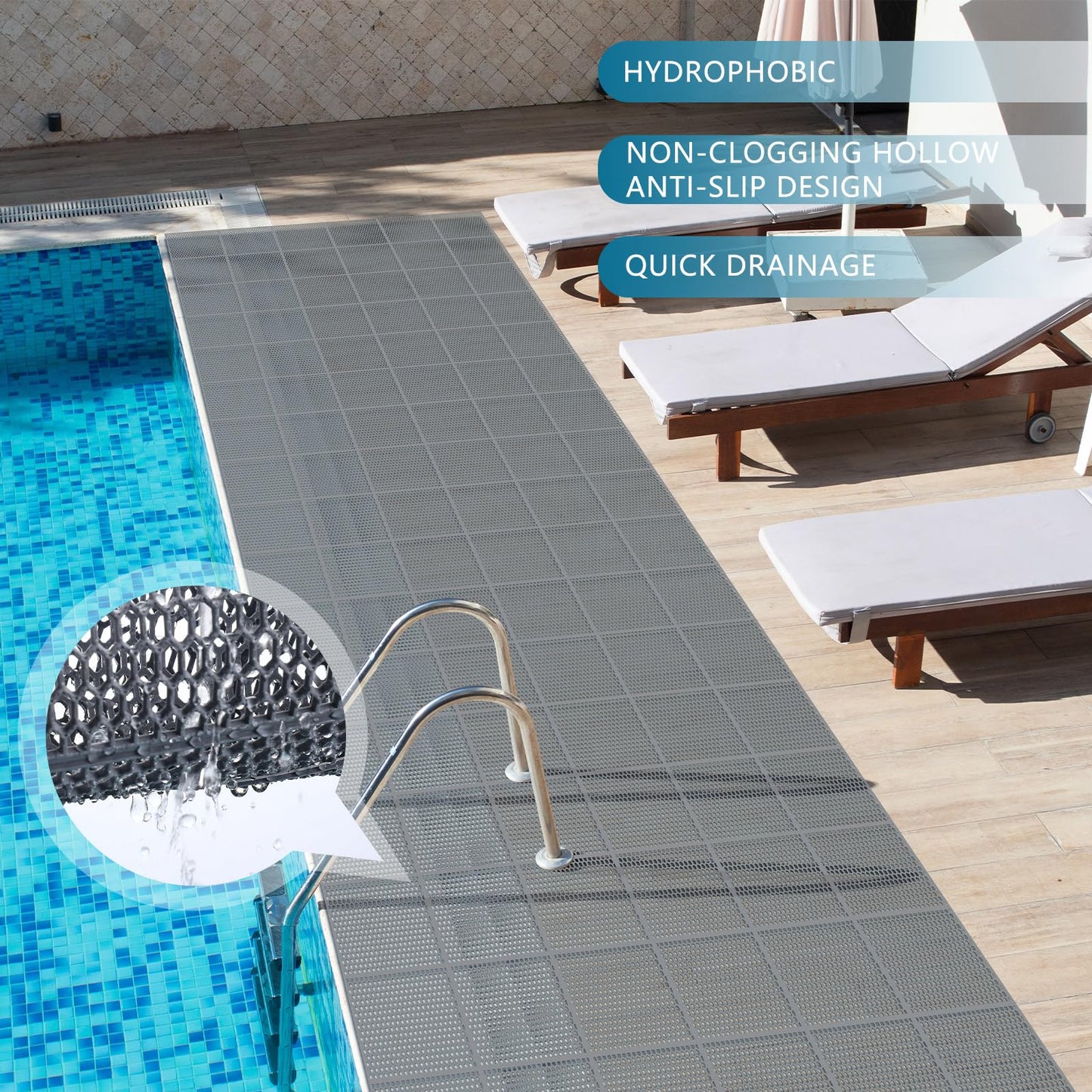 Tondiamo Pool Mat Non Slip Drainage Mats Swimming Pool Floor Deck Mats Rugs PVC Splash Mesh Hollow Doormat Roll for Outdoor Indoor Patio Restaurant Garage Kitchen Bathroom Safety(3 x 10 ft,Grey)