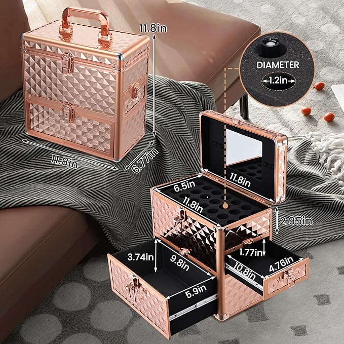 Makeup Train Case Professional Makeup Organizer Case with Drawer Mirror Extra Large Makeup Manicure Accessory with Dividers Travel Cosmetic Case for Cosmetologist Nail Tech Kits Makeup Case Rose Gold