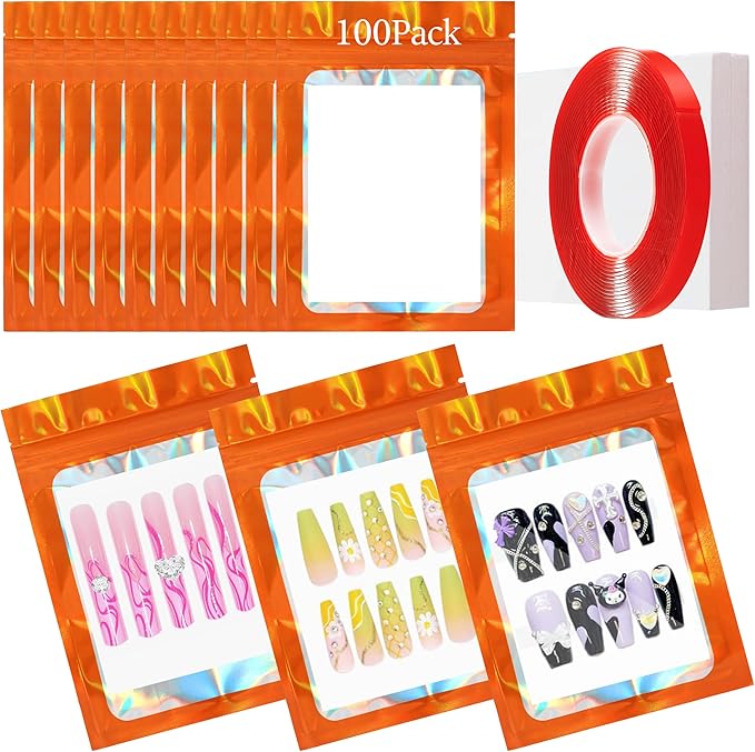 Qenk 100PCS Empty Holographic Nail Storage Bag Press on Nail Packaging Bag and 100PCS Shiny white cardboard Nail Tips Packaging Bags with 1 Roll Transparent Tape (Orange)