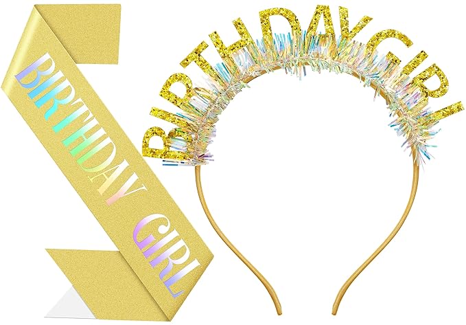 Birthday Headband with Sash for Women, Birthday Crwon Tiara for Decorations