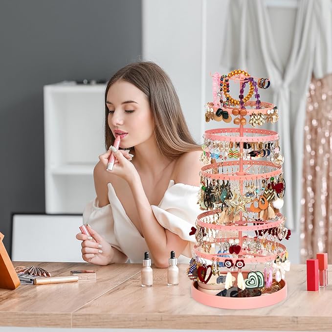 6 Tier Rotating Jewelry Organizer Stand, 230 Holes Earring Holder Organizer for Women Girls, Spinning Earring Tree with Ring Holder, Wide Base for Bracelets Watches Lipstick