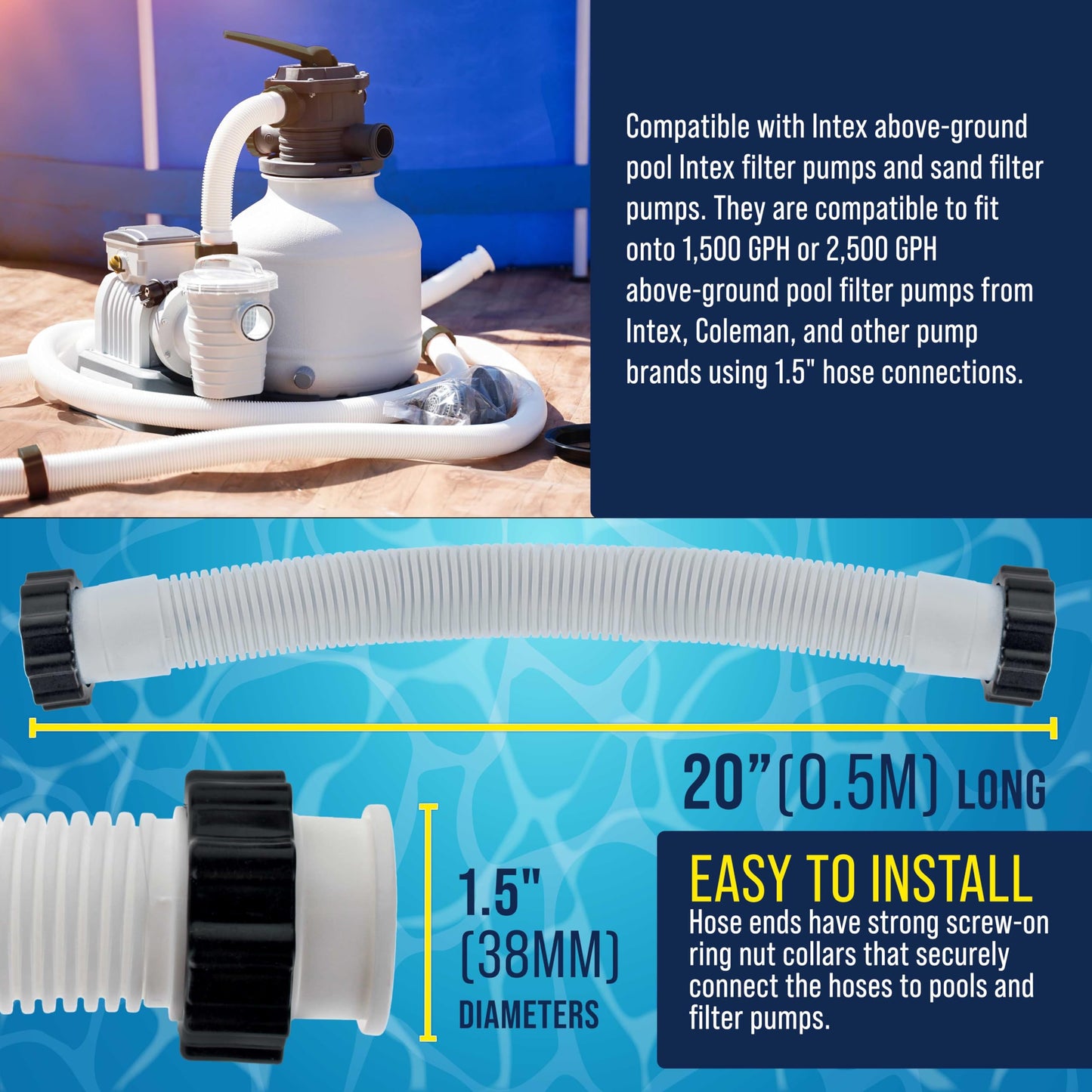 U.S. Pool Supply Above Ground Pool Hose Replacement 1.5" Diameter x 20" Long, Pack of 2 - Compatible with Intex Pool Filter Pump Hoses, Sand Filters, Saltwater Systems with 1,500 to 2,500 GPH