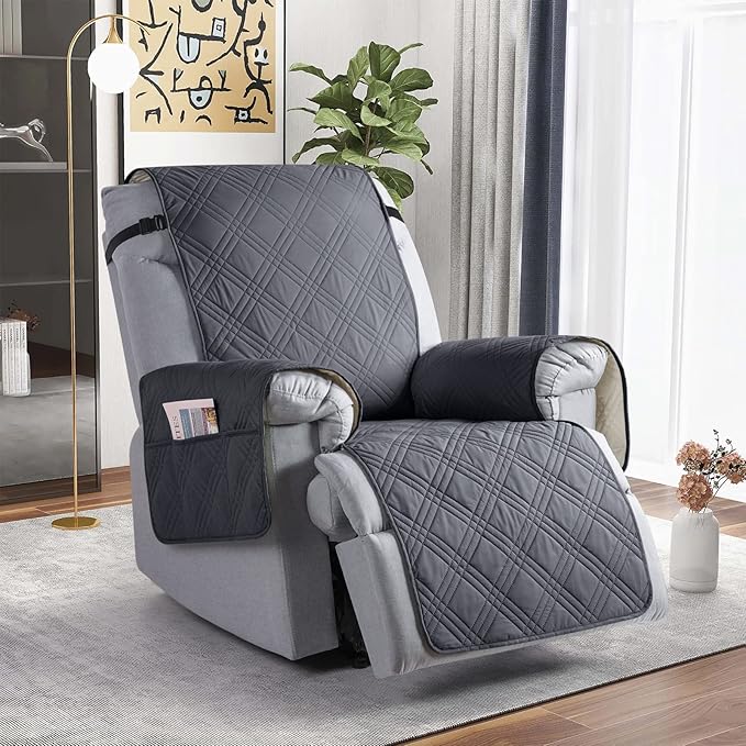 TAOCOCO 100% Waterproof Recliner Chair Covers, Non Slip Recliner Covers for Recliner Chair with Pocket, Washable Reclining Chair Cover Furniture Protector for Kids,Dogs(25'', Dark Grey)