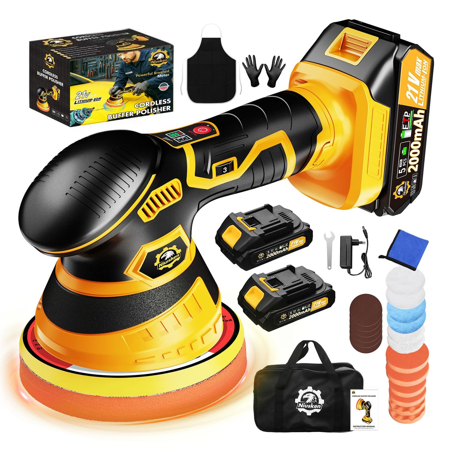 Niusken Cordless Car Buffer Polisher kit [2x 2000mAh 21V Batteries & 18 PCS Attachments] 6-Speed Orbital Design, LED Display, Lightweight Detailing Tool for Waxing, Polishing & Scratch Removal-Yellow