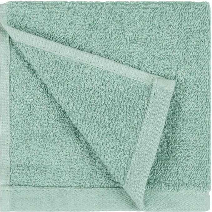 Amazon Basics Highly Absorbent, Fast Drying 100% Cotton Washcloths for Bathroom, Machine Washable, 12 x 12 inches, Seafoam Green, 24-Pack