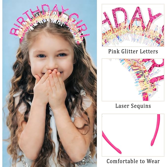 CIEHER Rose Pink Birthday Girl Headband & Birthday Sash for Women Girls Decorations & Party Favors