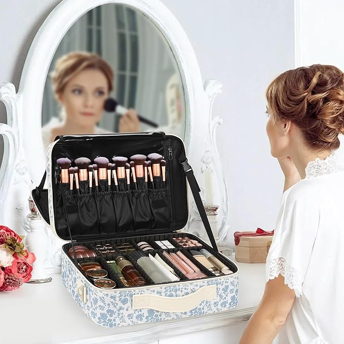 Relavel Makeup Case Large Makeup Bag Professional Train Case Travel Cosmetic Organizer Brush Holder Waterproof Makeup Artist Storage Box, 3 Layer Large Capacity, with Adjustable Strap, Floral Print