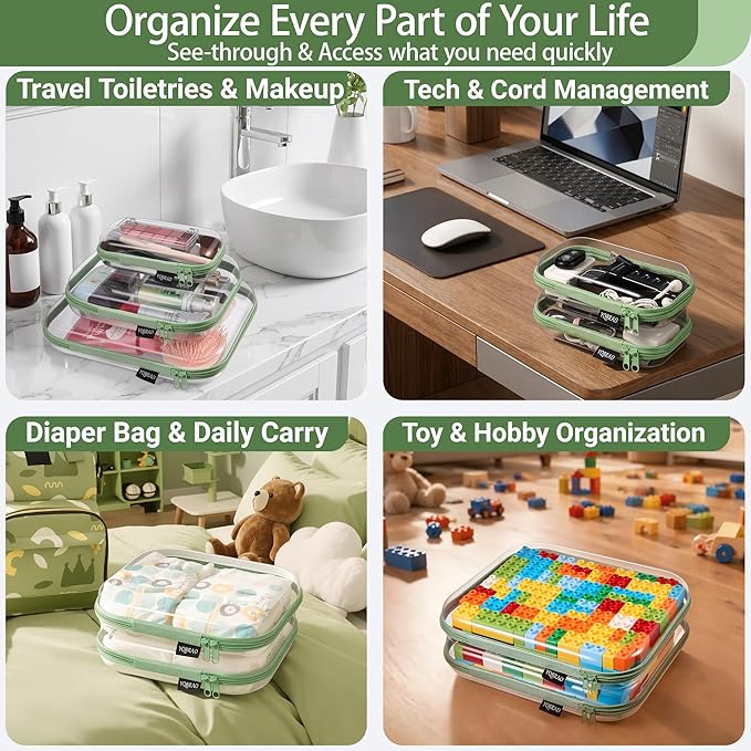 YQBRAO 6 Pack Sleek Green Clear Hard Shell Zipper Case, 1.2mm Heavy Duty Tech & Cord Organizer Pouches, Crush-Proof Electronic Storage for Travel, Tools & Diaper Bag (2L+2M+2S)