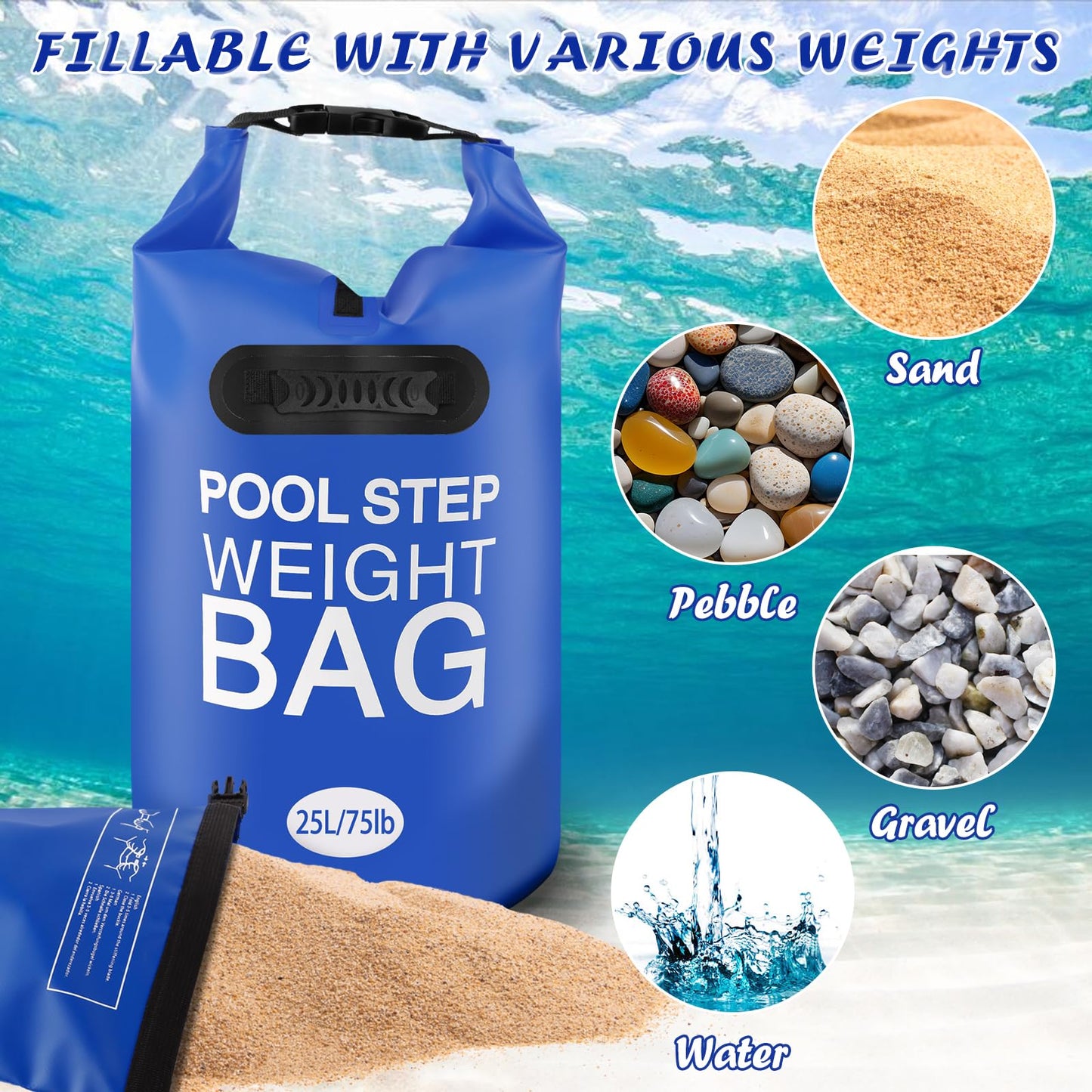 2 Pack 25L/75lb Universal Pool Step Weights 500D PVC Waterproof Swimming Pool Ladder Weights No Breaken Above Ground Pool Ladder Sand Bags, Foldable Pool Stair Weights for Pool Steps(Blue)