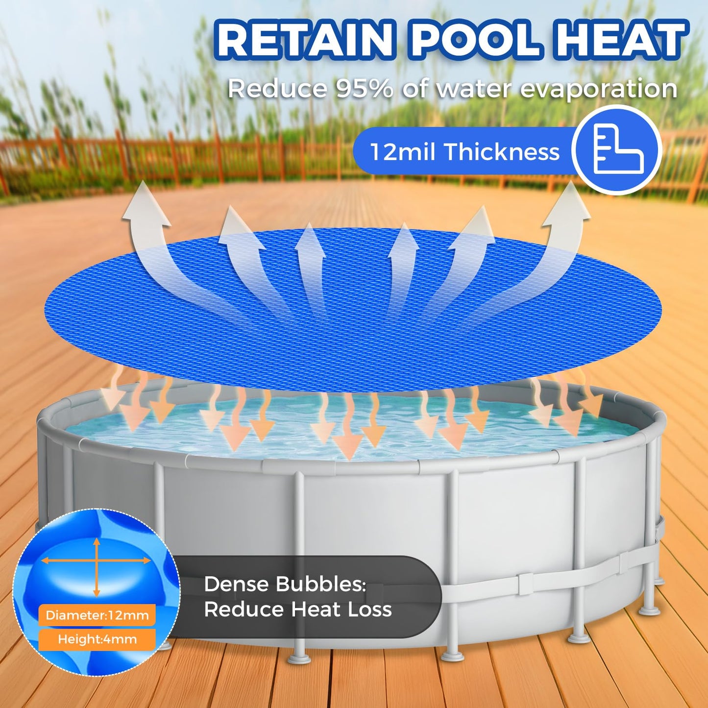 KETNET Solar Pool Cover 15 ft Round for 6-24ft Above Ground Inground Pools, Hot Tub Spa Thermal Heating Bubble Wrap Covers, 12 Mil Heavy-Duty Circle Blue Floating Blanket Mat for Swimming Pools