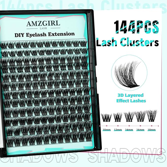 Lash Extension Kit 3D Effect Lash Clusters Kit 144pcs D Curl Eyelash Extension Kit with Lash Bond and Seal Lash Remover Lash Tweezers for Lash Clusters Eyelash Clusters Kit (Shadows, D-10-18mm Kit)
