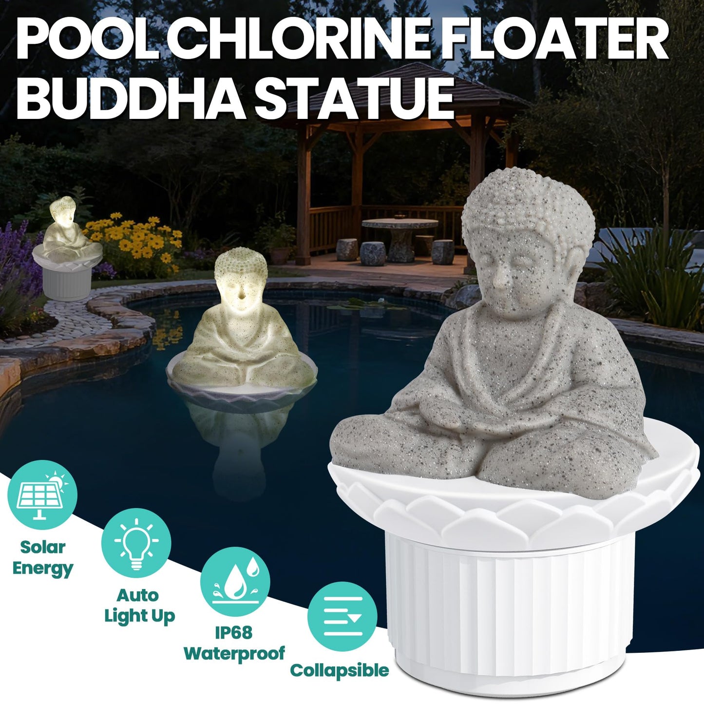 PRAXXIS Solar Chlorine Floater,Buddha Statue Pool Chlorine Floater with Solar Light, Adjustable Floating Chlorine Dispenser for Pool, Collapsible Chlorine Floater, Chlorine Floater for Hot Tub(White)