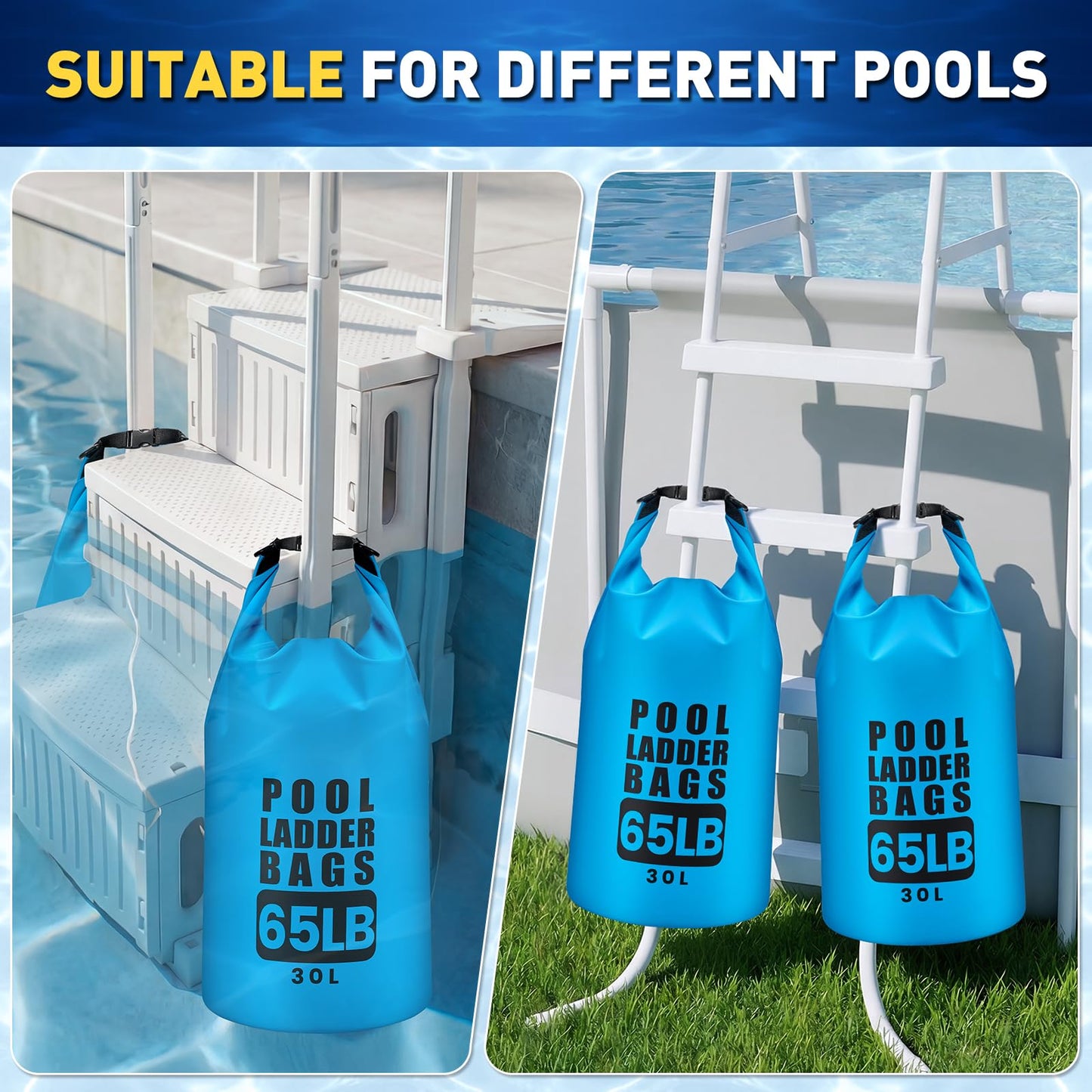 2 Pack 30L/65LB Pool Step Weights Sand Bags – Waterproof 500D PVC Ladder Weights, Pool Sand Stair Weights for Above Ground and in-Ground Pool Steps