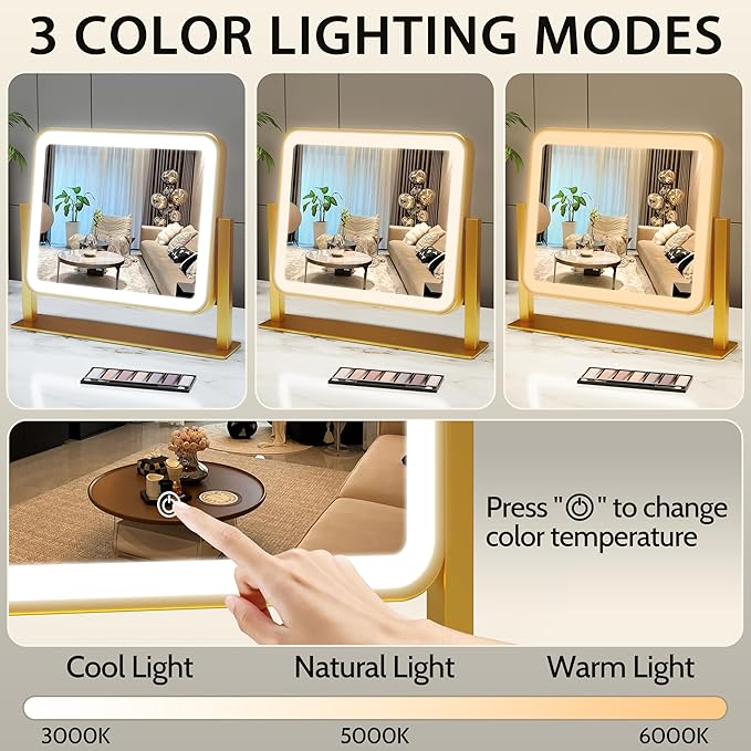 ROLOVE Gold Lighted Makeup Mirror, 14"x12" Vanity Mirror with Smart Touch Control, 3-Color Dimmable Lighting, 360° Rotation for Desk or Bedroom