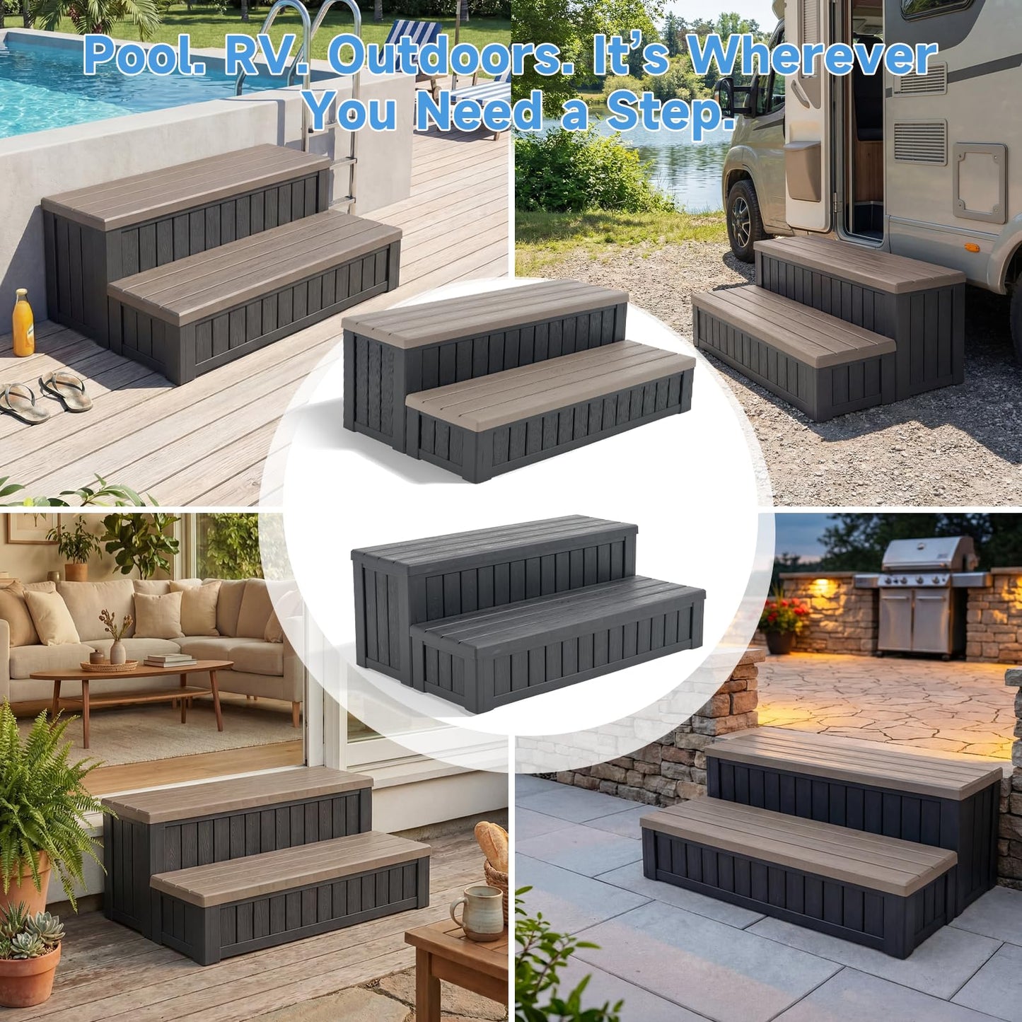 36.6” Hot Tub Steps with Storage, 780 lbs Load Capacity Heavy Duty Outdoor Spa Steps with No-Screw Snap Assembly, Non-Slip Universal Hot Tub Stairs for Spa, Pool, Patio, RV, Porch & Indoor Use, Coffee