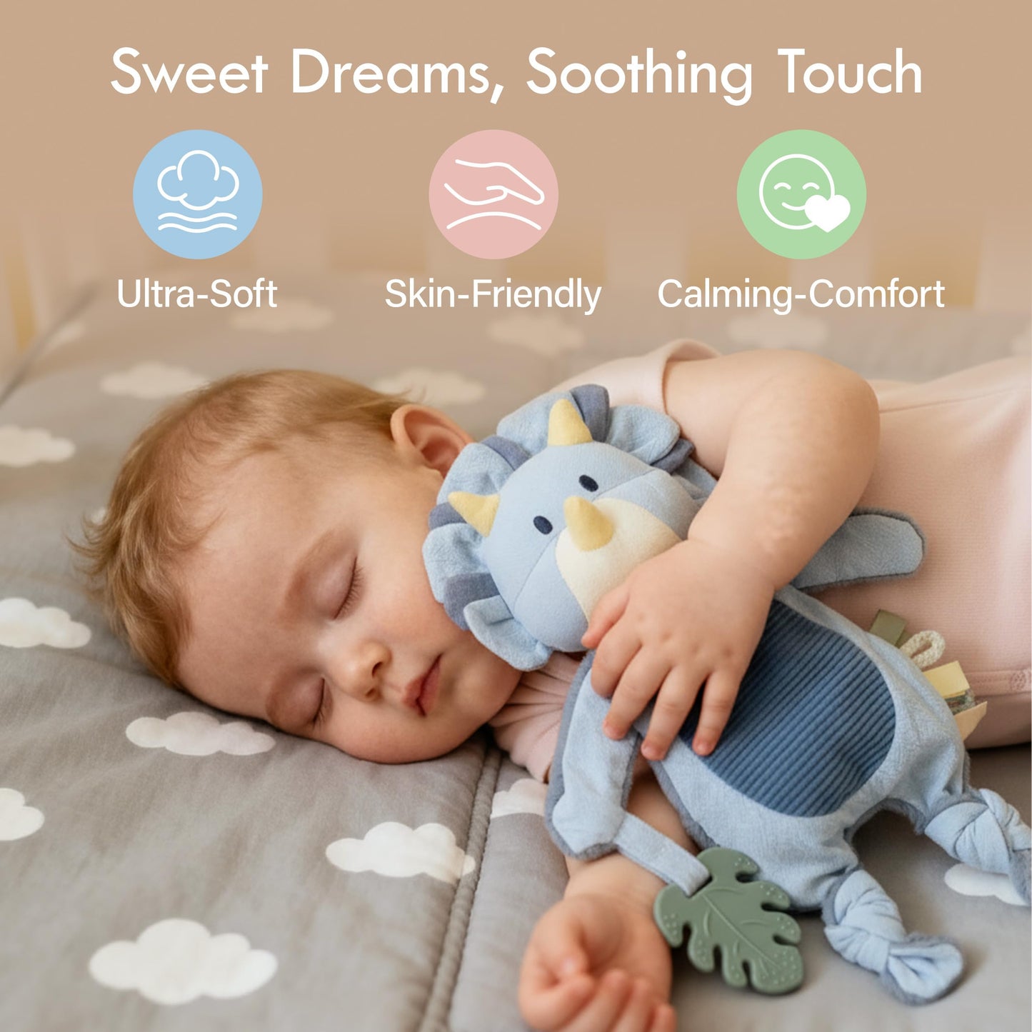 Moonkie Baby Lovey with Silicone Teether, Dinosaur Security Blanket with Textured Ribbons, Crinkle Toys, Soft Minky Velour & Natural Cotton, Newborn Boys Gifts for Baby Shower & Birthday