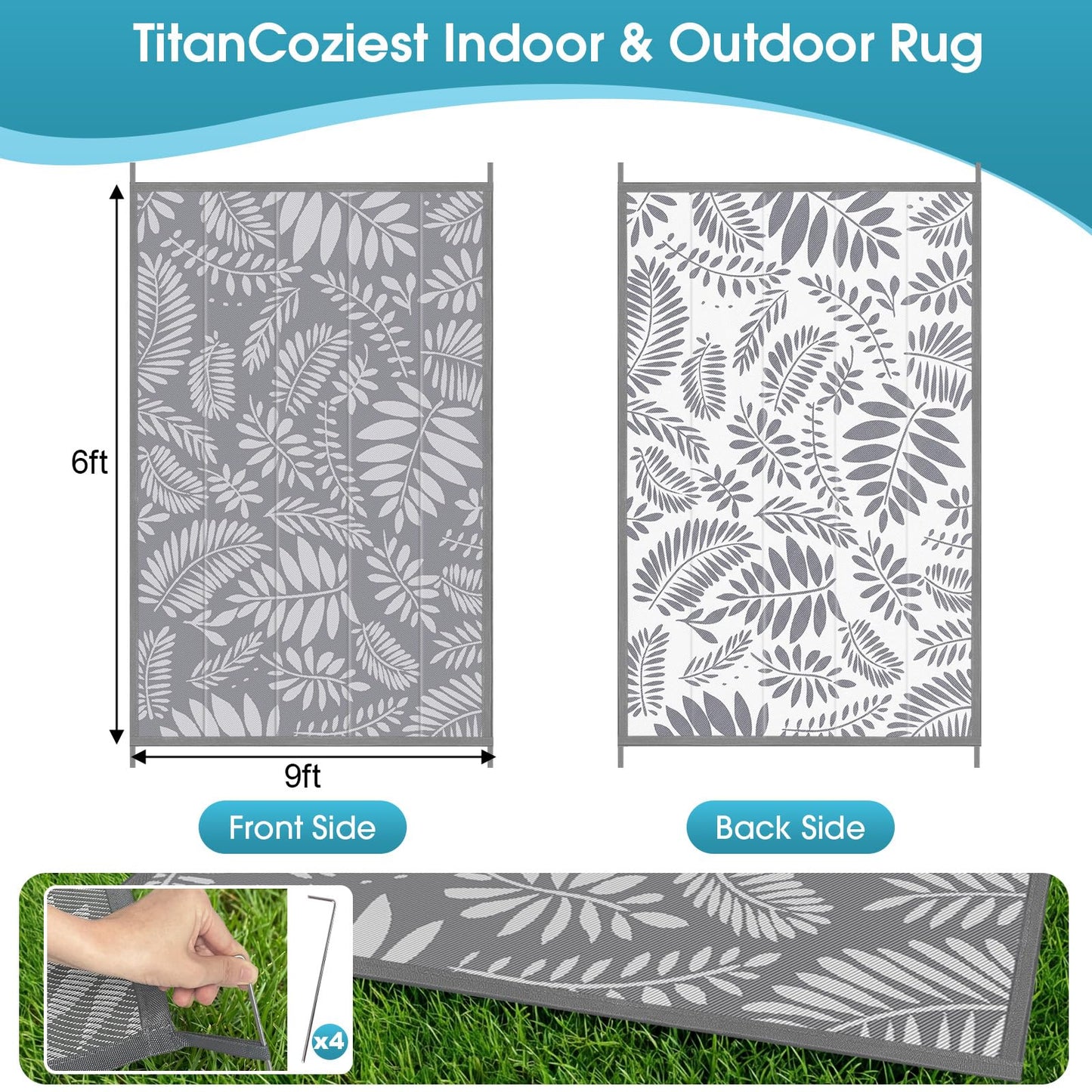 TitanCoziest Outdoor Rug for Patio - 6' x 9', Waterproof, Reversible Outdoor Plastic Straw Rugs with Reinforced Edges, Camping Mat Carpet for RV, Deck, Backyard, Balcony, Picnic, Beach (Leaf Gray)
