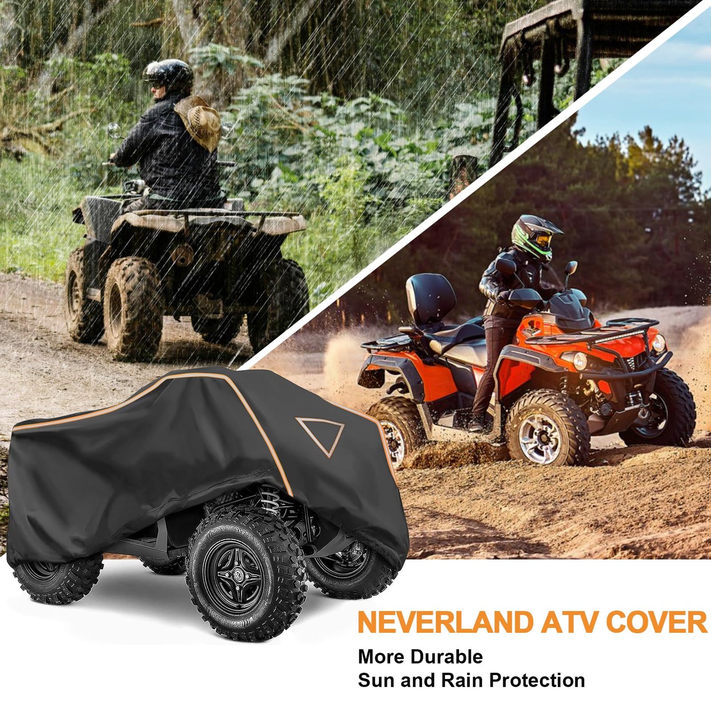 NEVERLAND ATV Cover 420D Waterproof Heavy Duty 4 Wheeler Cover Quad Cover All Season Weather Proof Outdoor UV Protection for Polaris Yamaha Suzuki Honda (Black & Orange Large)