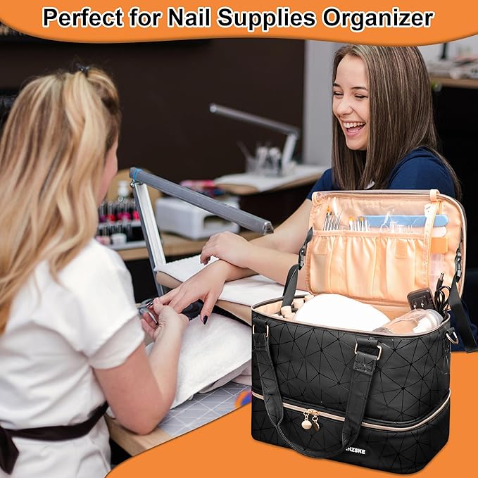 Nail Polish Organizer Bag Holds Nail Lamp& 50 Bottles (15ml/0.5fl.oz), PU Leather Nail Supplies Organizer Case with Shoulder& Holder Strap, Travel Nail Kit Storage for Manicure Tools (Black)