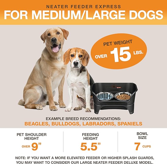 Neater Feeder Express Mess Proof Dog Bowls Elevated for Medium to Large Sized Breed, No Spill Raised Dog Food Bowl Stand, Stainless Steel Food and Water Bowl Set, Pet Dish Feeding Station, Black