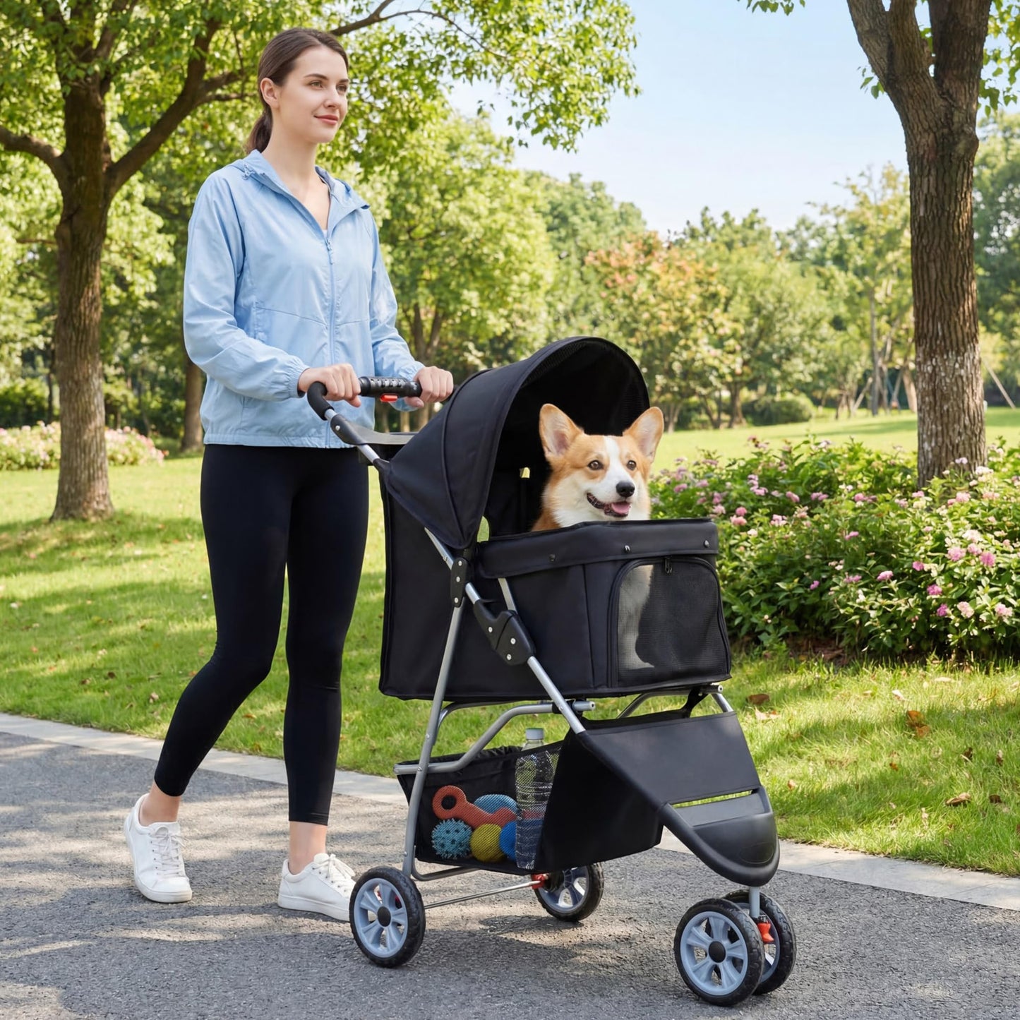 Giantex 3 Wheel Foldable Dog Stroller for Small Dogs Cats, Lightweight Pet Stroller with Lockable Wheels, One-Hand Quick Fold, Mesh Windows, Safety Leash & Storage Basket, Pet Travel Stroller (Black)