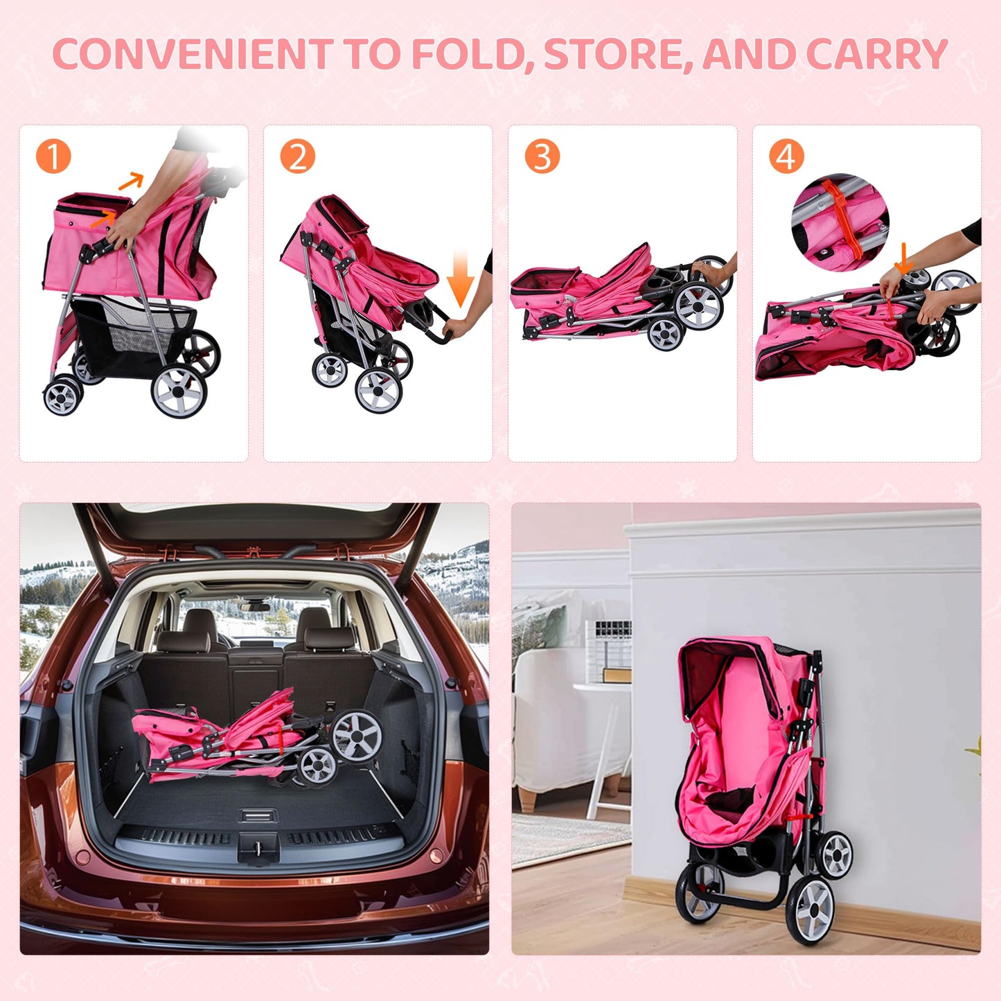 ZENY Foldable Pet Stroller, Cat/Dog Stroller with 4 Wheel, Pet Travel Carrier Strolling Cart with Storage Basket, Cup Holder (Pink)