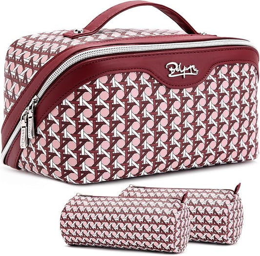 BOYATU Travel Makeup Bag Cosmetic Bags for Women: Large Capacity 3 Pcs Set Make up Bag with Compartments - Waterproof Vegan Leather Toiletry Organizer Bags with Handle (M-78Red)