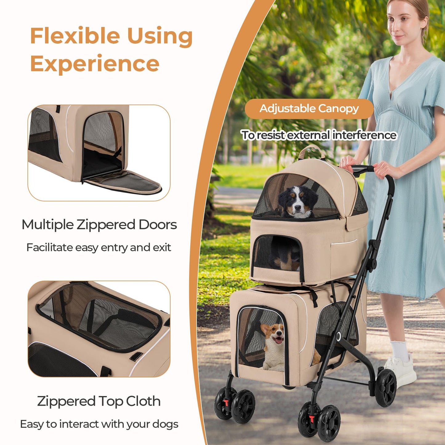 HAPPAWS 4-in-1 Double Pet Stroller with 2 Detachable Carriers, Foldable Dog Cat Travel Stroller for Small Medium Pets, Travel Cat Bag with Safety Belt & Lockable Wheels, Beige