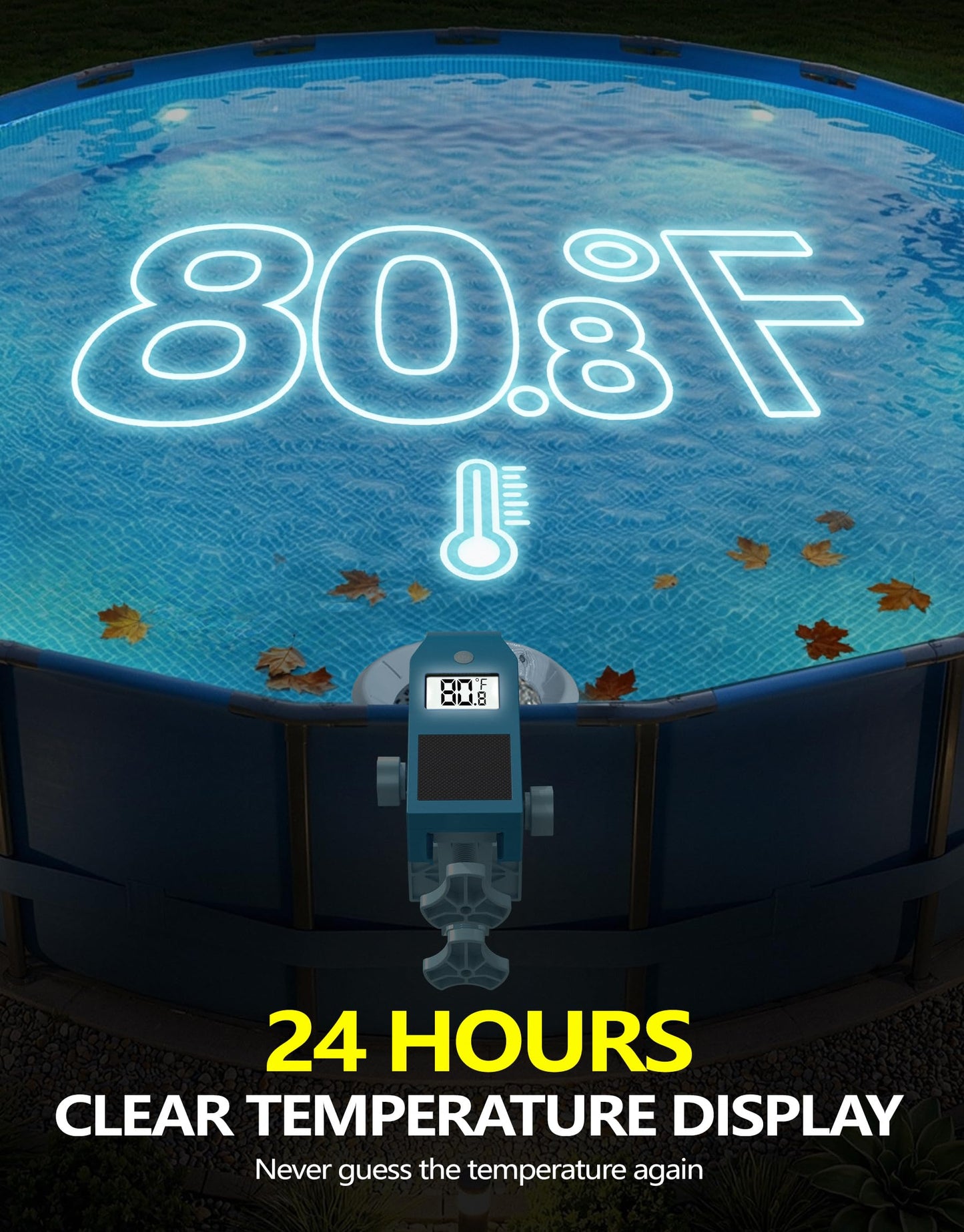 BluSwim Above Ground Pool Skimmer with Solar Digital Thermometer | Wall Mount Surface Skimmer - Auto Skimming Pool Floating Debris | 2 Upgraded Bracket - More Stable & Height Adjustable