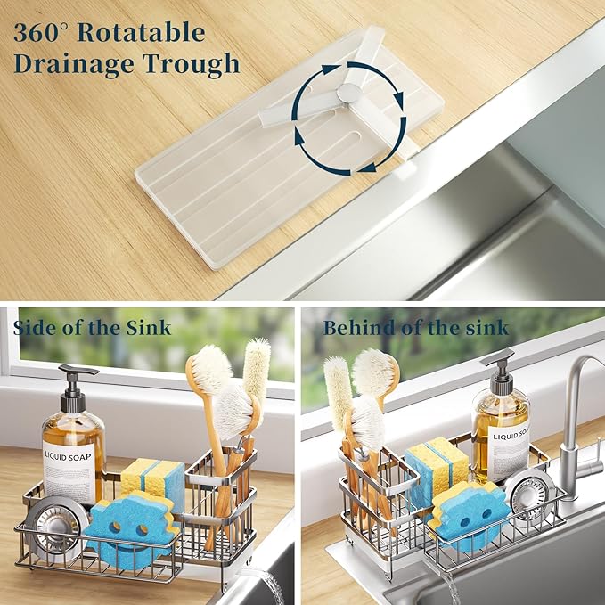 Consuemst Sponge Holder for Kitchen Sink - Auto Draining Sink Caddy Organizer with Detachable Rack, High Brush Holder, Kitchen Countertop Storage Accessories, Silver