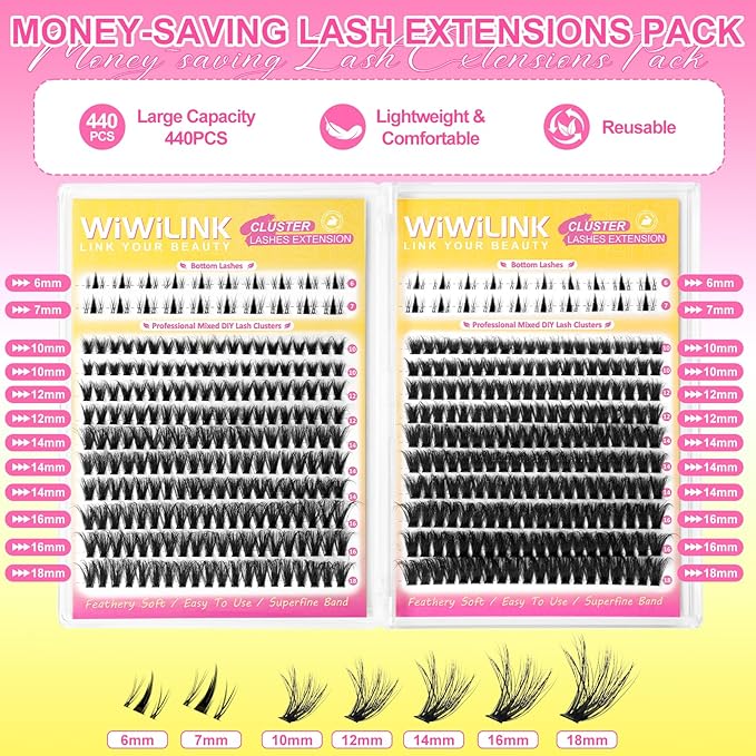 Wispy Lash Clusters Kit Eyelash Clusters with Bottom Lashes Natural 10-18mm Fluffy 40D 70D Individual Lashes Clusters Wispy Cluster Eyelash Extensions Bond&Seal D Curl DIY Lash Extension Kit