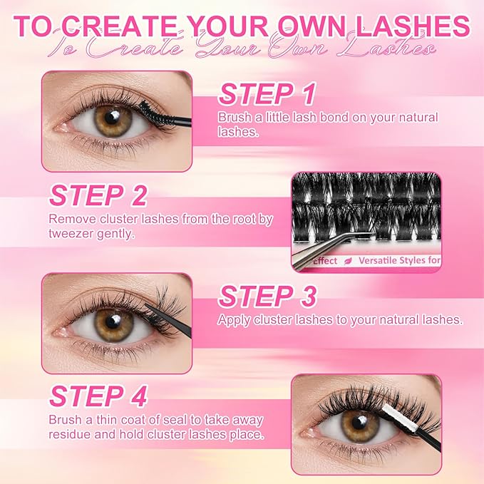 Fluffy Lash Clusters Kit 408Pcs, Wispy Volume (80D/100D) D-Curl Cluster Eyelash Extensions 10-18mm + Bond & Seal Glue + Tweezers - Reusable 15+ Times, Natural to Dramatic Volume