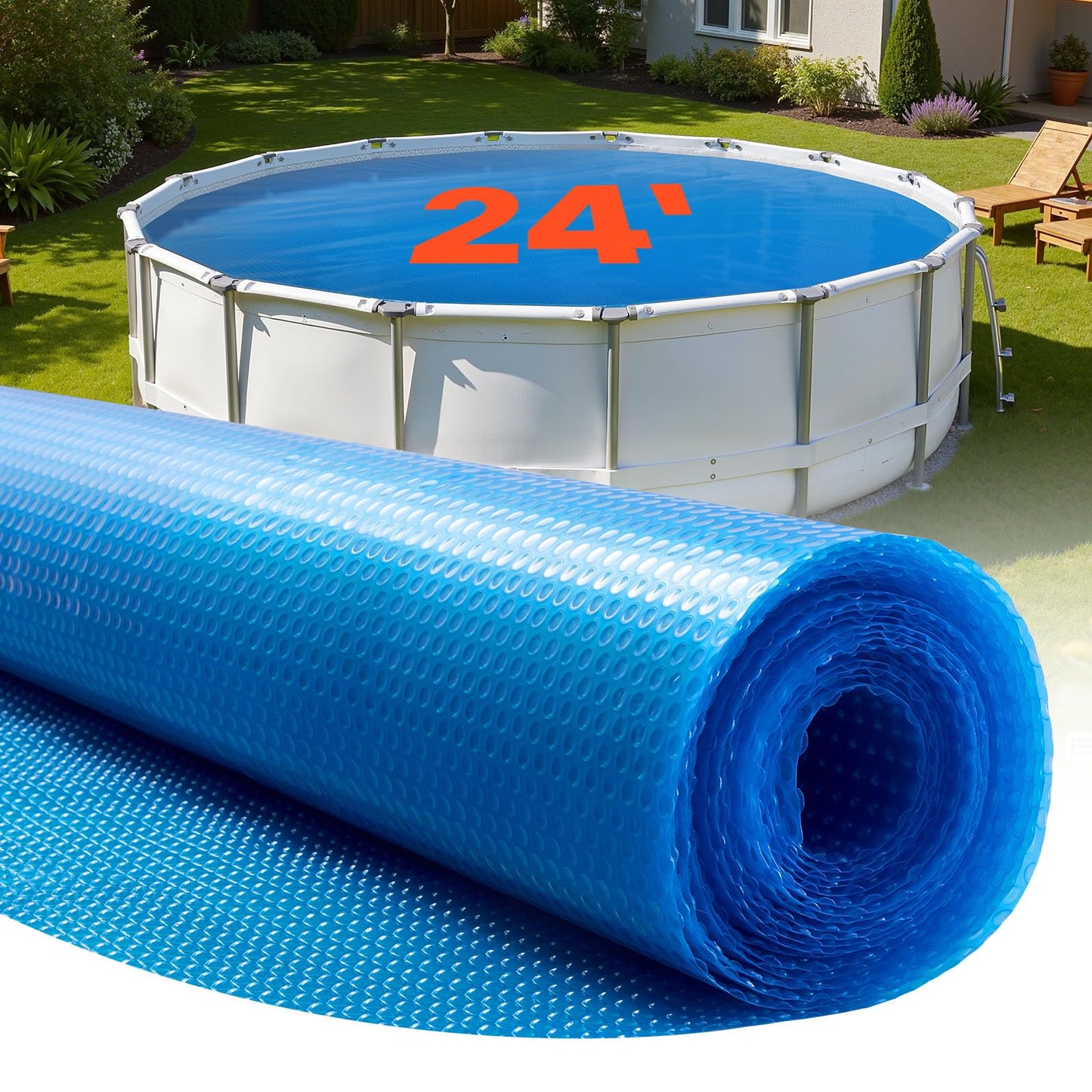 VEVOR Solar Pool Cover, 24 ft Round Pool Bubble Cover, 8 Mil Pools Solar Blanket with Bubble & PE Material, Daytime Heat Absorption, Nighttime Heat Retention, Heat Retaining Solars Covers, Blue